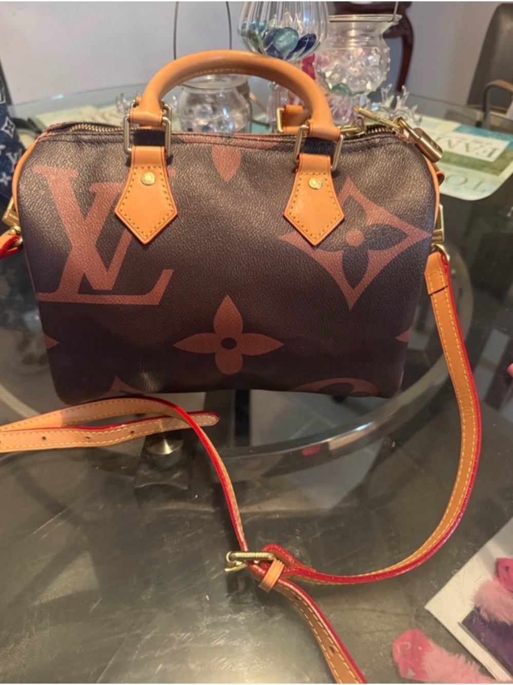 Brown Monogram Satchel with Tan Trim and Detachable Strap